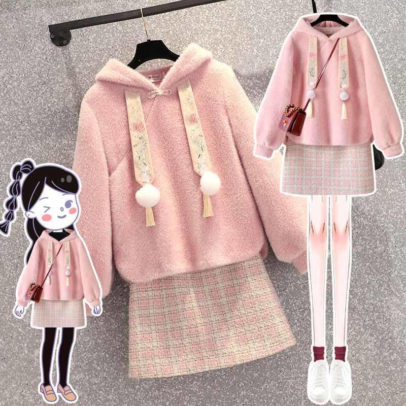 女童新款冬季套装中大童中国风连帽卫衣半身裙儿童加绒加厚两件套