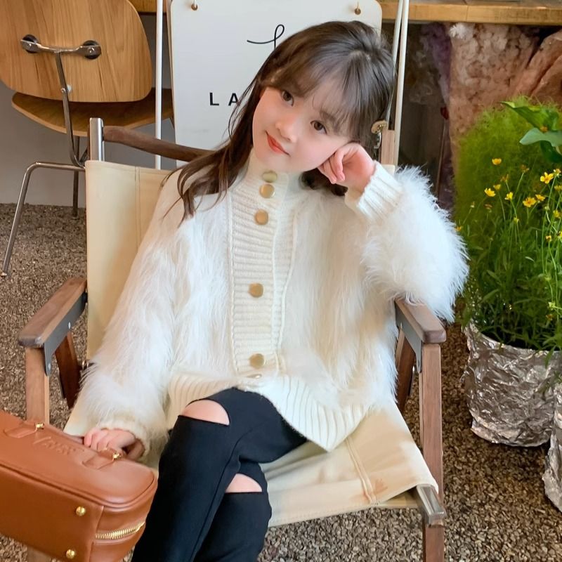女童毛衣开衫2023新款儿童秋装水貂绒中大童洋气春秋针织衫外套女