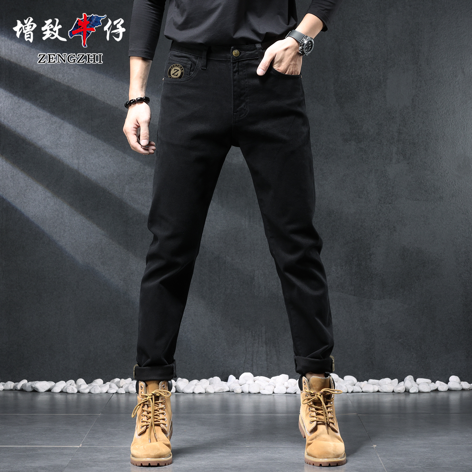 ZENGZHI/增致牛仔钻石黑夏季薄款天丝莱赛尔男士牛仔裤小直筒001#