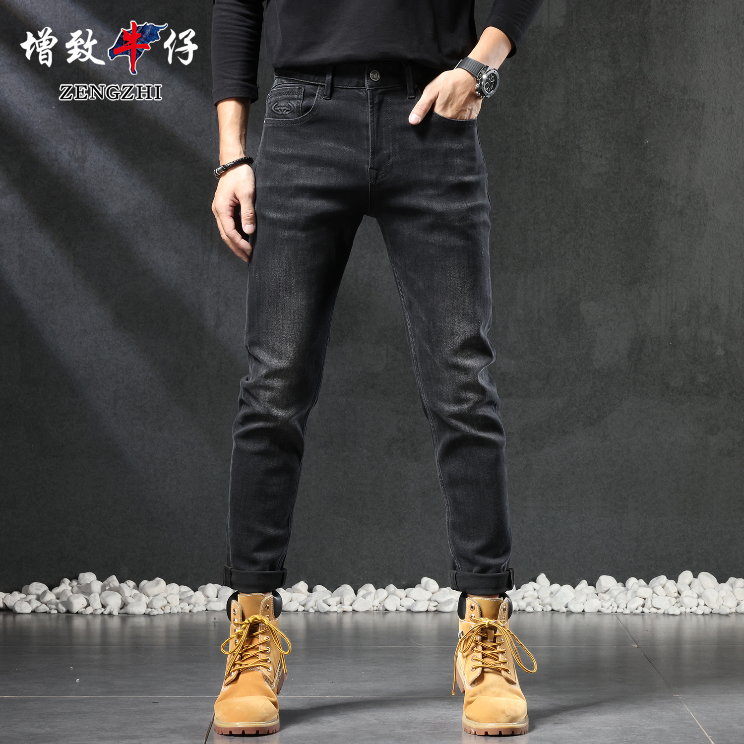 ZENGZHI/增致牛仔315#庄严黑牛仔裤修身时尚牛仔裤弹力合体小直筒