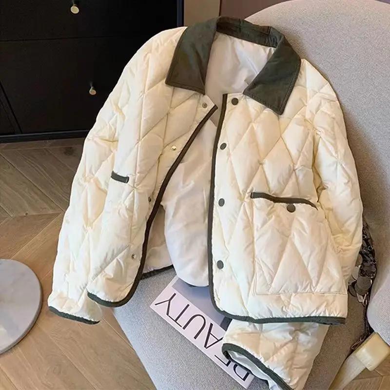 新款韩版撞色翻领菱格羽绒服羽绒服女秋冬2023新款小个子百