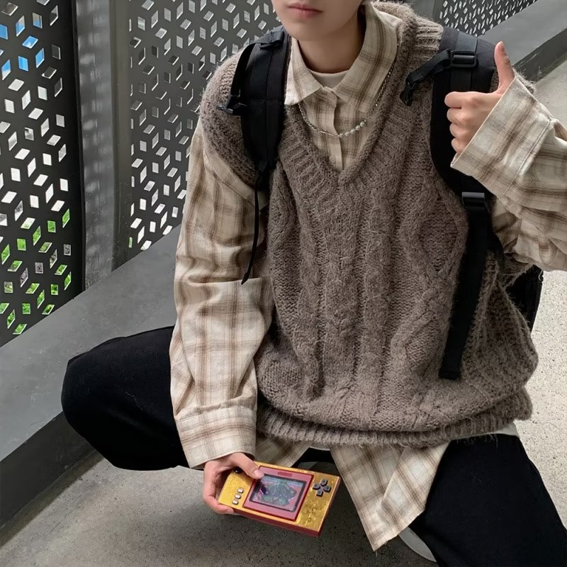 【LX】季中老年男毛织背心宽松无袖毛衣针织衫V领外穿打底男士坎肩