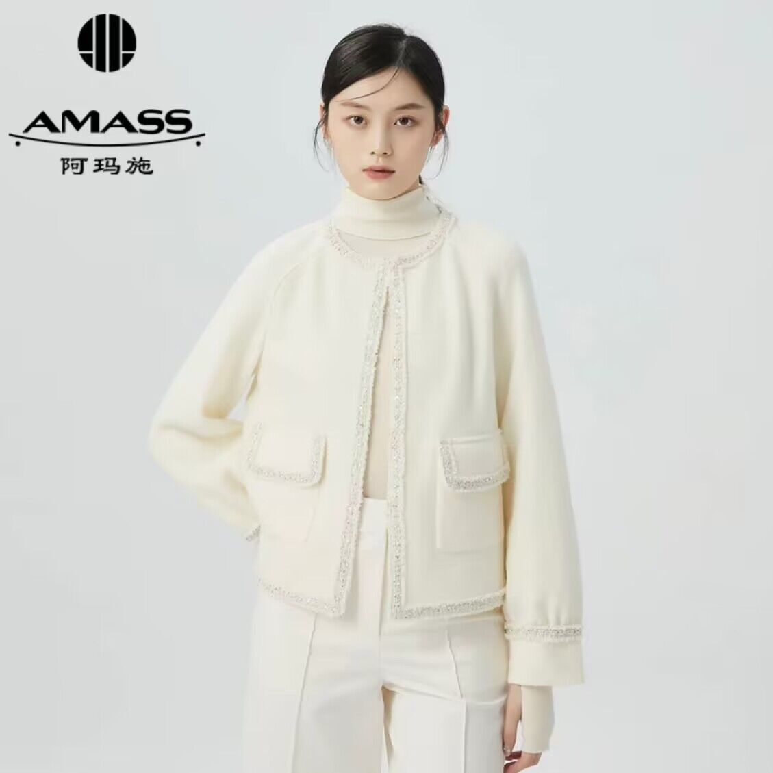 阿玛施AMASS轻奢小香翻领外套简约休闲拼接秋季女士小香风5400312