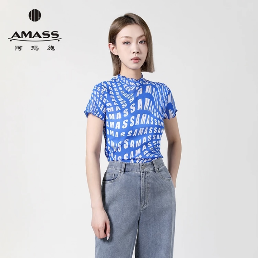 AMASS/阿玛施新款百搭休闲通勤减龄葱纱烟管领短袖T恤女5300603