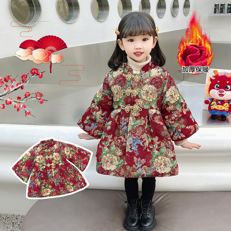 女宝宝冬季拜年服唐装连衣裙小女孩加绒加厚中国风盘扣儿童新年装