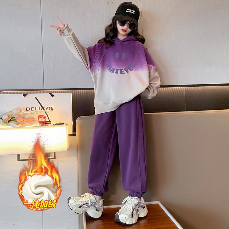 女儿童宝宝加绒渐变色套装秋冬中大儿童冬季加厚卫衣卫裤两件套装