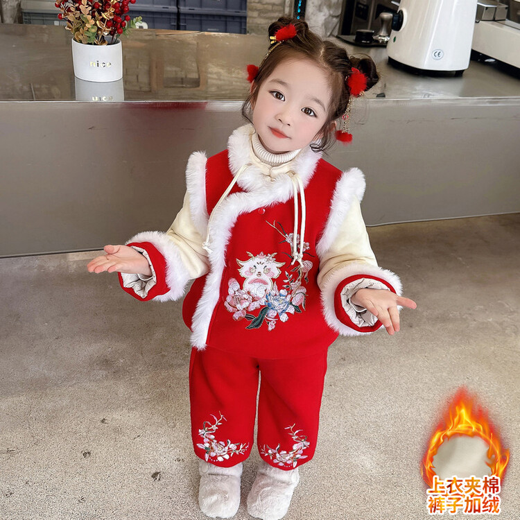 女童拜年服唐装儿童喜庆新年服套装宝宝冬季加绒加厚国风过年衣服