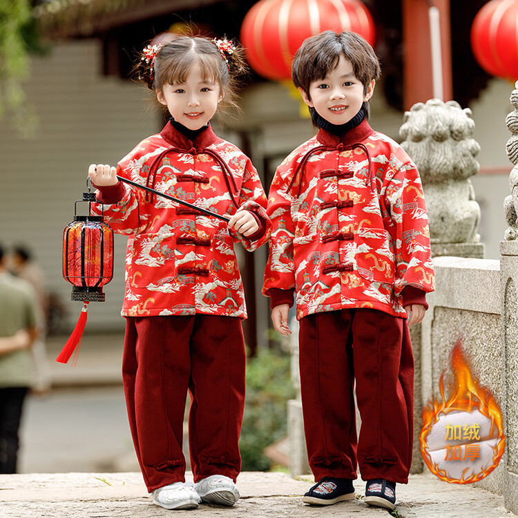 女童加厚天空仙境加绒款套装儿童加棉保暖唐装拜年服秋冬款新年款