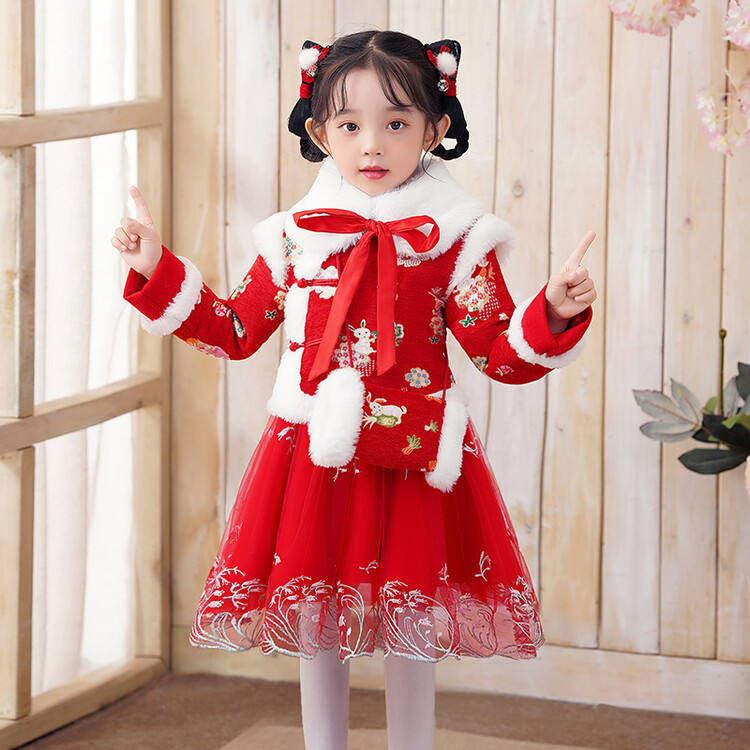 女儿童宝宝秋冬季款加绒加厚保暖中小儿童宝宝汉服拜年服连衣裙