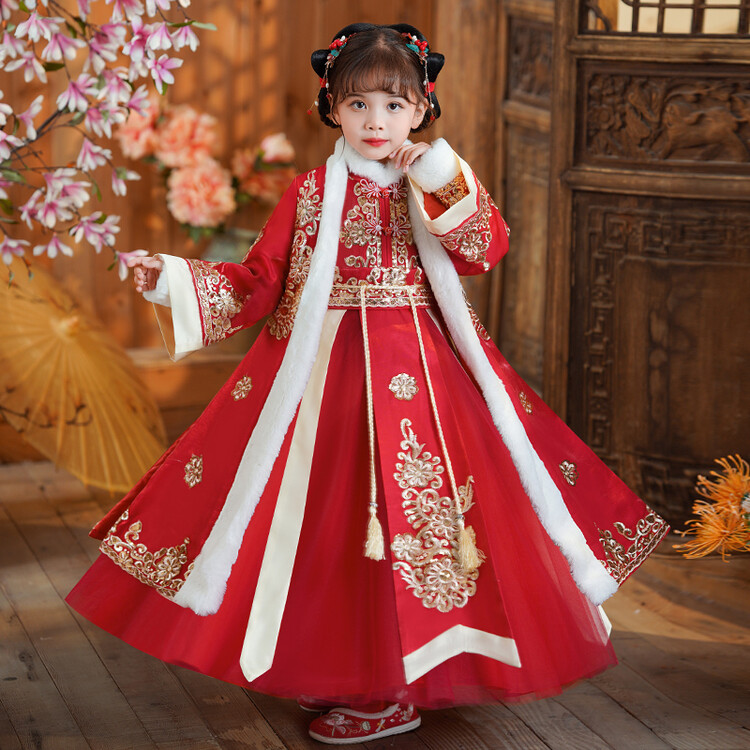 女儿童宝宝汉服加绒加厚保暖秋冬季款中小儿童宝宝拜年服套装冬款