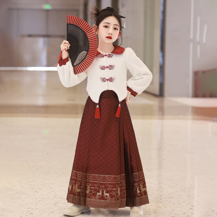 女儿童宝宝加绒加厚保暖秋冬季款中小儿童宝厚款拜年服马面裙套装