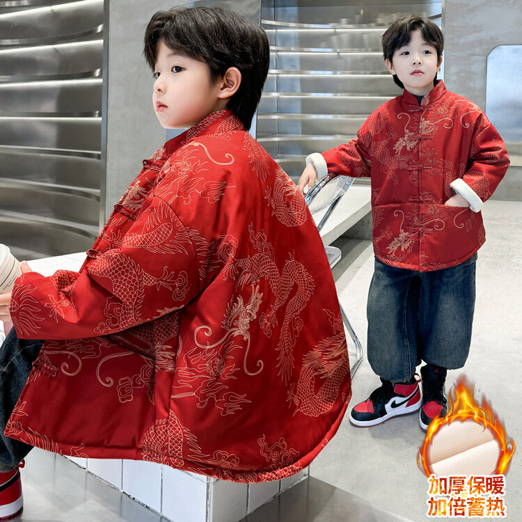 男童男孩子男宝加绒加厚冬款中小童国风国潮大龙年服外套唐装外套