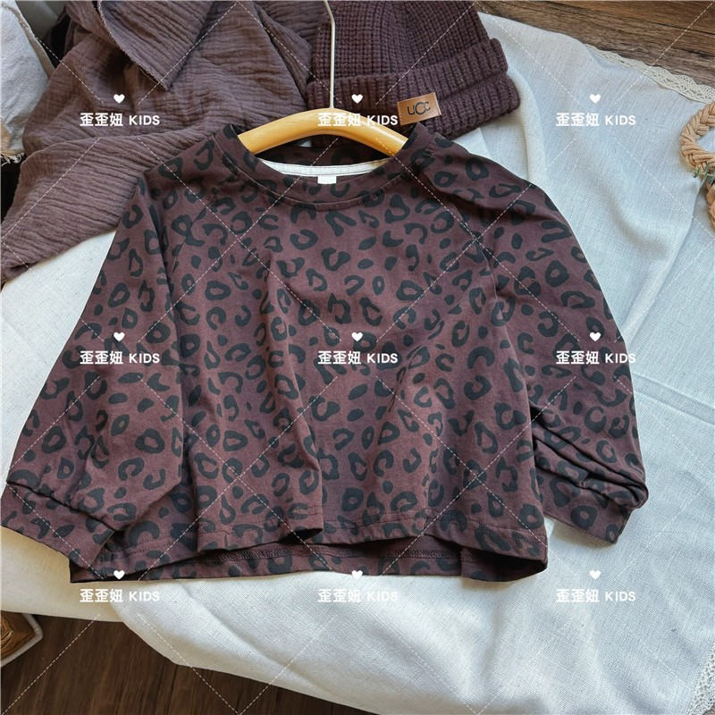 【歪歪妞童装】306春季新款儿童复古森系小众风豹纹圆领长袖T恤