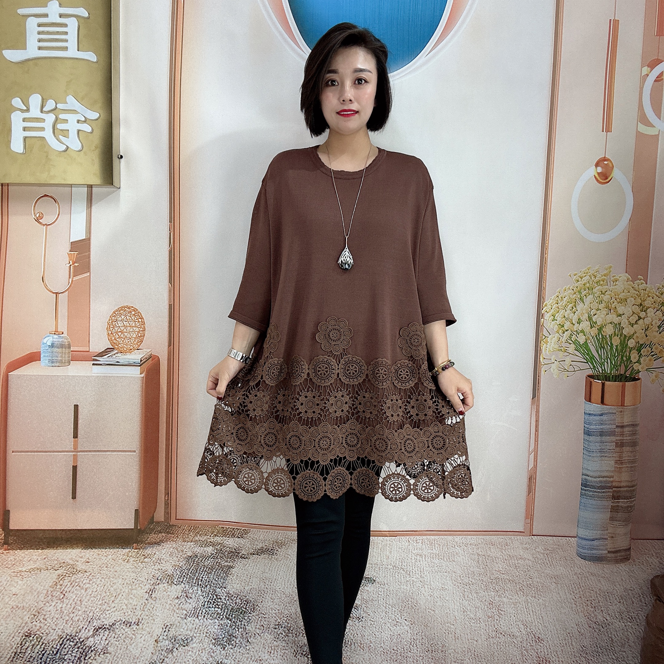 081春季新款棉麻针织拼接飘花刺绣连衣裙