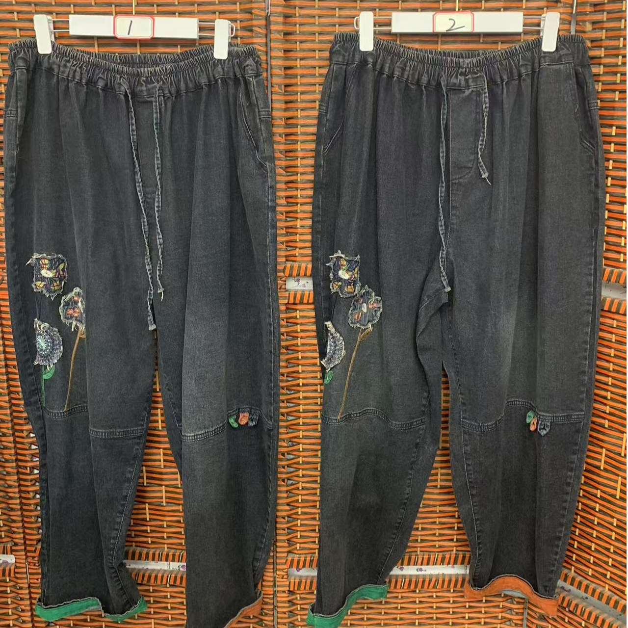 妈妈时尚休闲加大加肥松紧腰大弹绣花牛仔长裤复古宽松水洗做旧