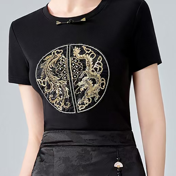 国风刺绣2024新款女装复古圆领盘扣短袖新中式形体上衣