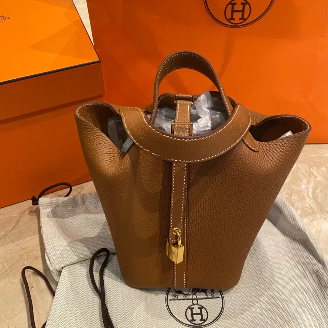 95新 Hermes/爱马仕 青奢荟/经典金棕金扣18菜篮子包/B刻/88915