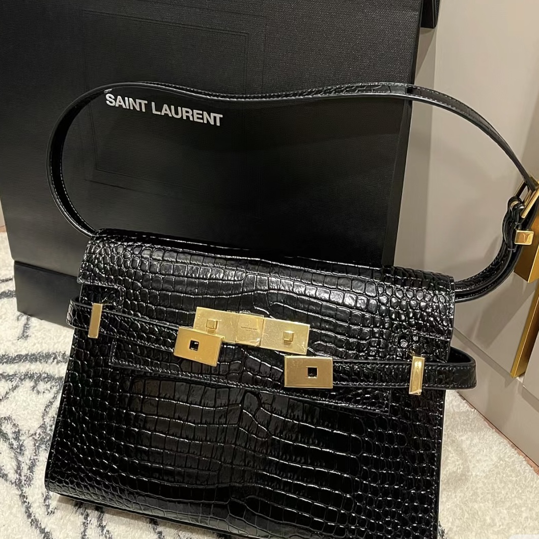 99新 YSL/圣罗兰 青奢荟/黑金压鳄曼哈顿小号斜跨包/63859