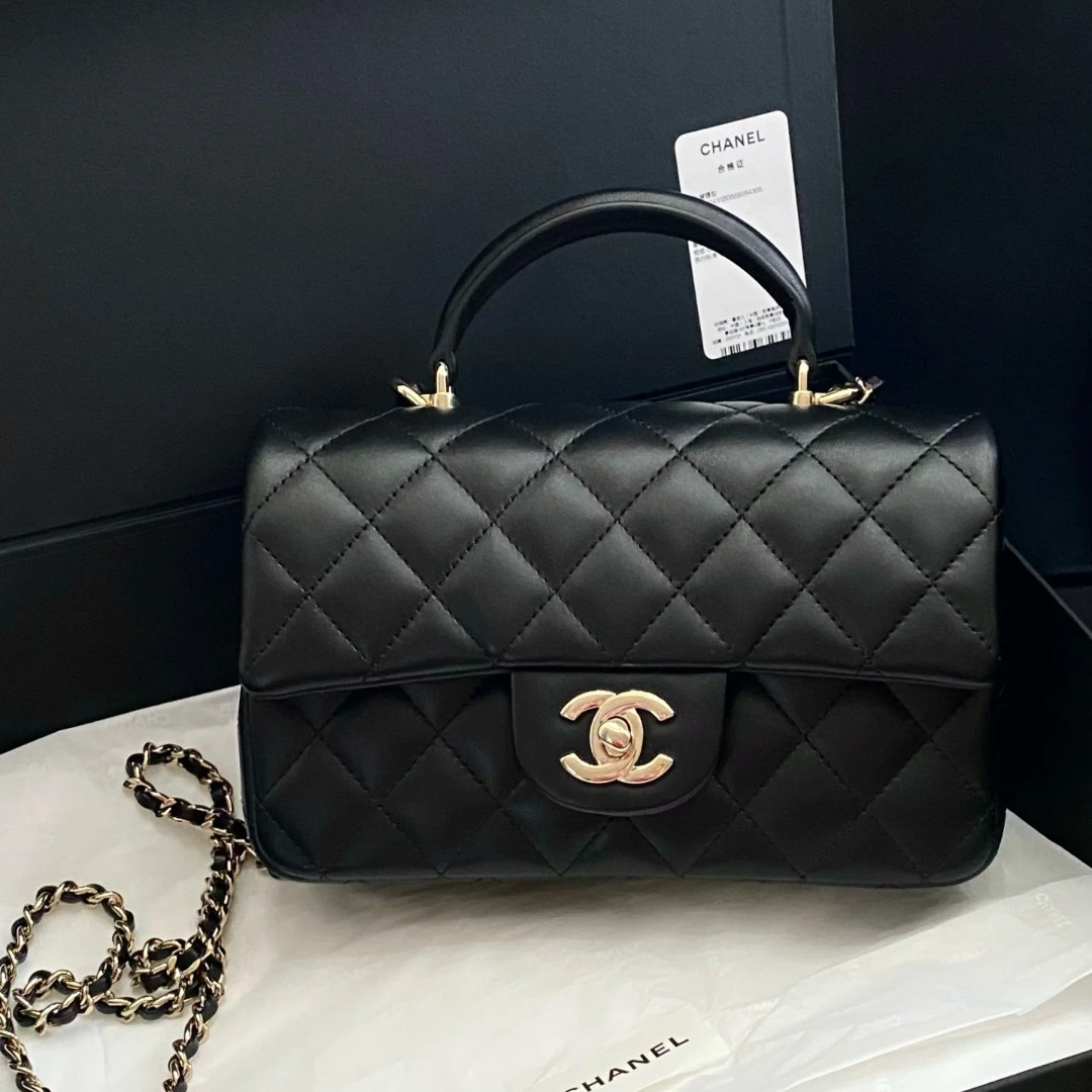 99新 Chanel/香奈儿 青奢荟/黑浅金手柄大迷你斜挎包/24年/63643