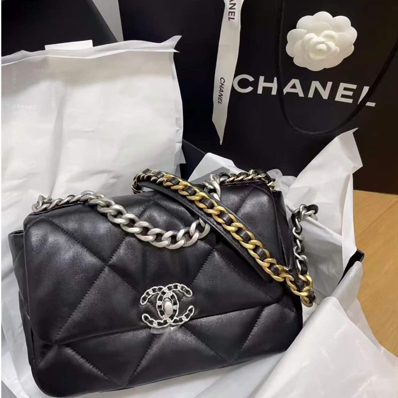 95新 Chanel/香奈儿 青奢荟/银扣19bag链条小号斜跨单肩包//82852