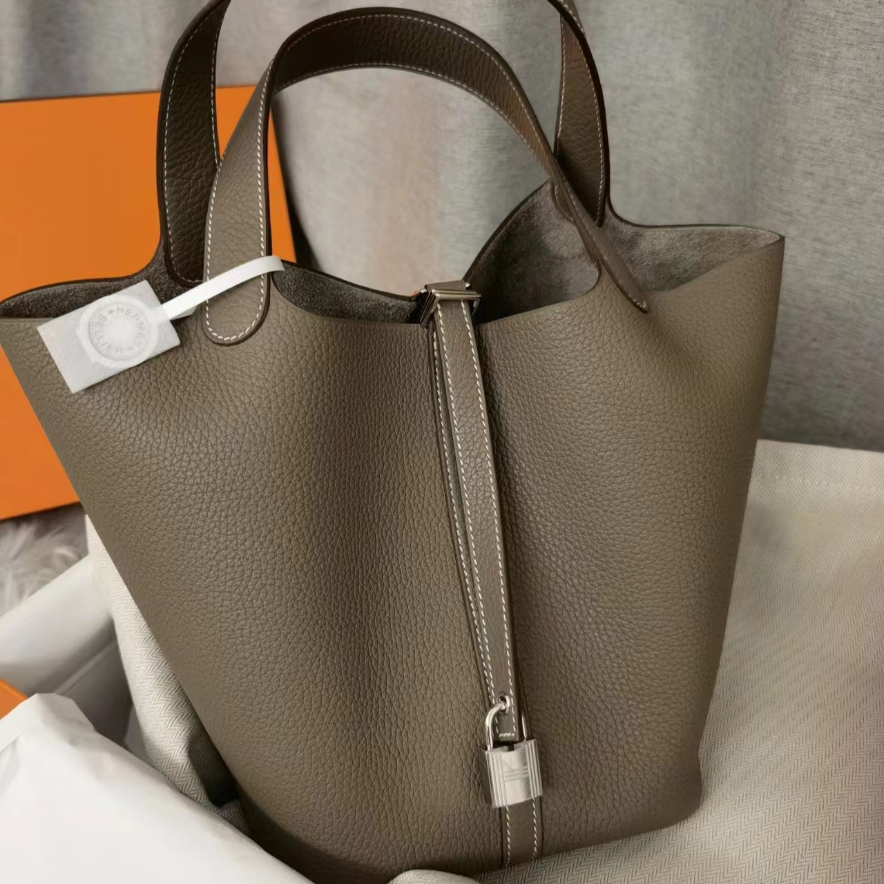 99新 Hermes/爱马仕 菜篮子22大象灰手提包B刻/77155