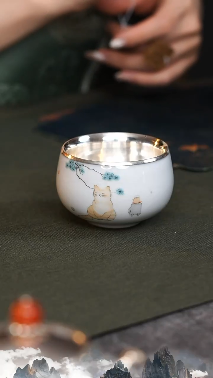 【闪购商品】瓷包银宁静猫禅定杯