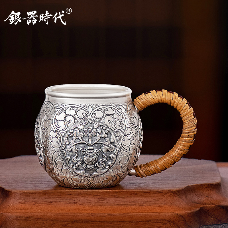 银器时代 银杯子足银999八宝生辉带把主人杯家用品茗杯待客杯茶杯