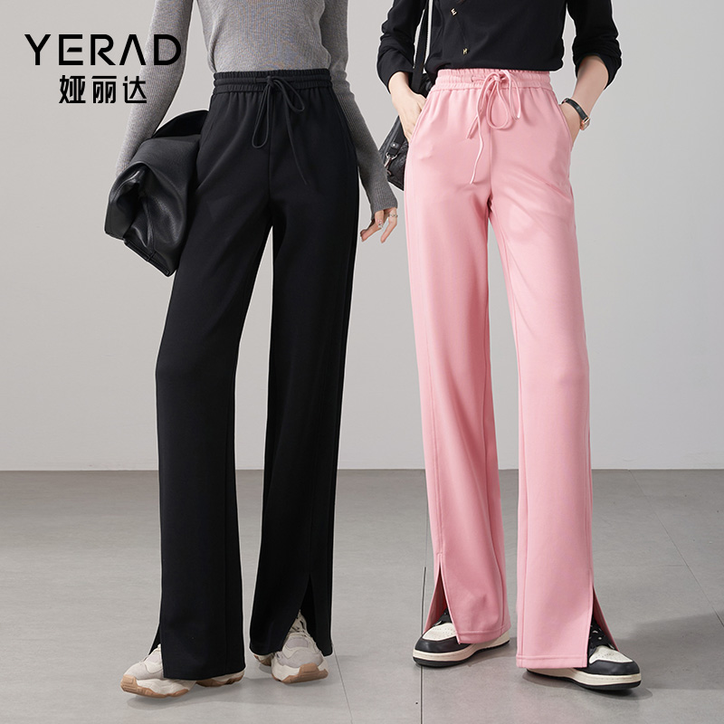 娅丽达窄版阔腿裤卫裤女2025春新款休闲裤开叉女裤直筒裤子运动裤