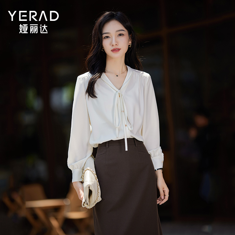娅丽达法式优雅风系带衬衫女2025秋季新款气质简约风V领长袖衬衣