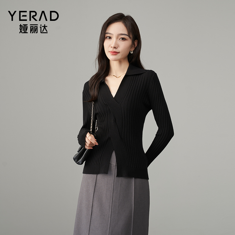 娅丽达时髦设计感扭花门襟长袖针织衫女2025春季修身显瘦打底衫