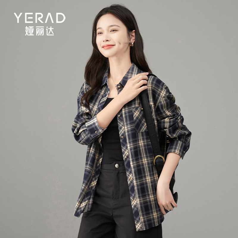 娅丽达时髦复古港风格子衬衫女2025春季新款时尚宽松显瘦长袖衬衣