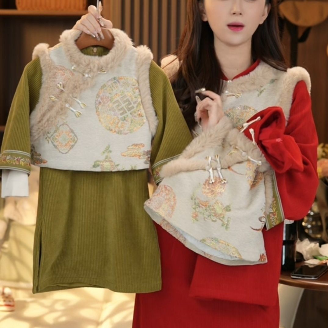 KL亲子母女装女童中式国风马甲套装改良旗袍连衣裙加绒加厚秋冬新