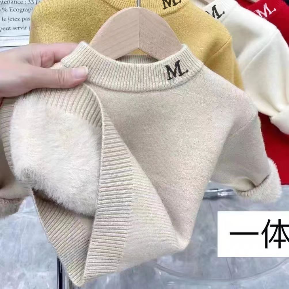KL儿童毛衣加绒男童女童一体绒毛衣加厚半高领新款洋气百搭针织毛