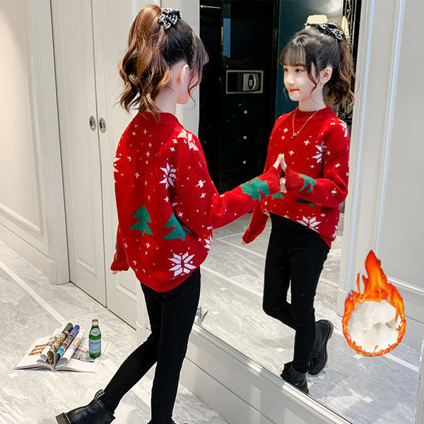 KL童装潮款Y女童毛衣加绒秋冬新款大儿童加厚洋气圣诞打底衫女孩