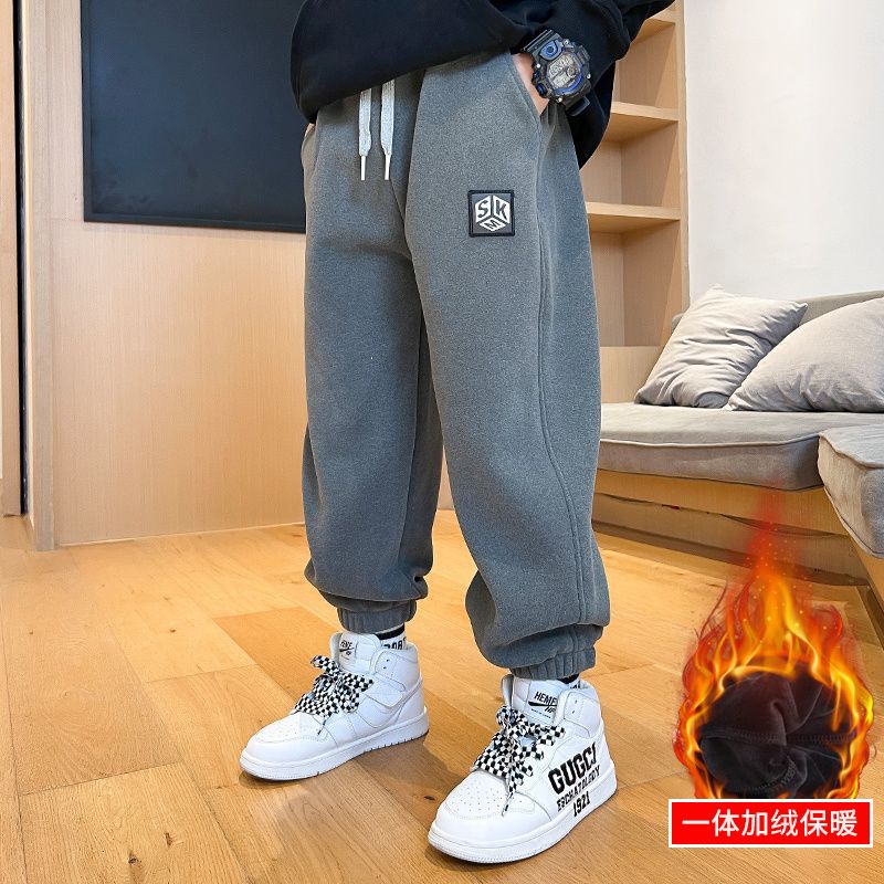 男童加绒裤子一体绒秋冬款潮酷2024新款中大儿童休闲宽松时尚卫裤