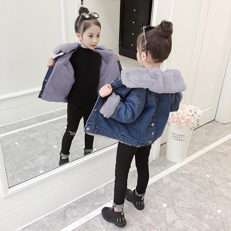 女童加绒牛仔外套秋冬装2023新款洋气中大儿童装加厚保暖韩版风衣
