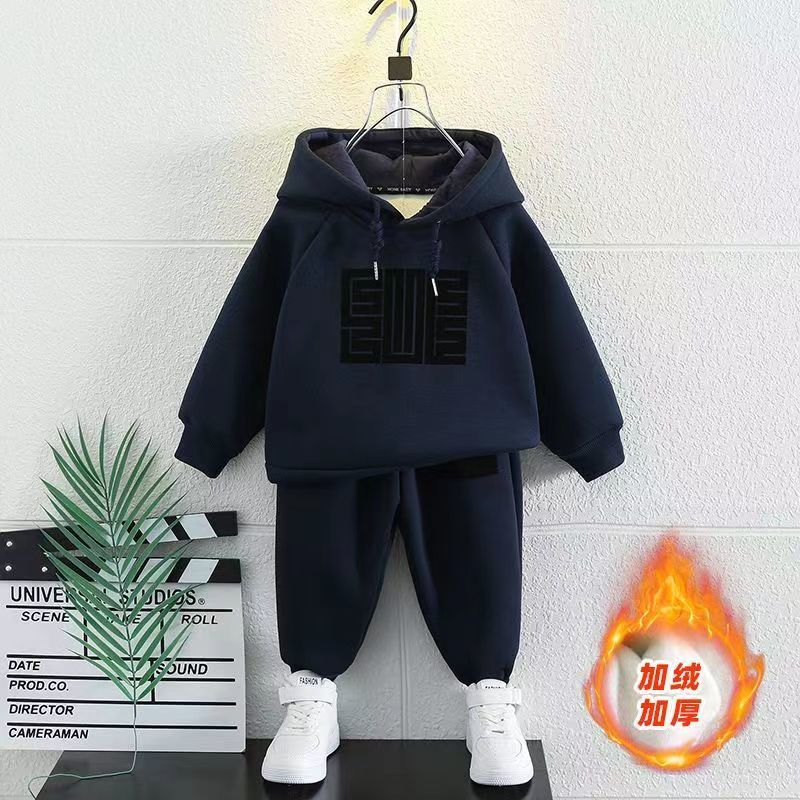 童装潮款男童秋冬季套装新款中小童加绒韩版儿童加厚卫衣运动两件