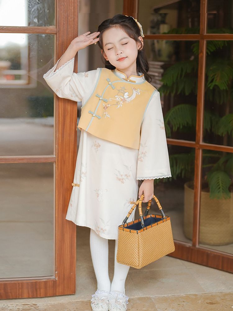 KL女童旗袍秋款儿童古风汉服秋季唐装女孩超仙古装民国风连衣裙
