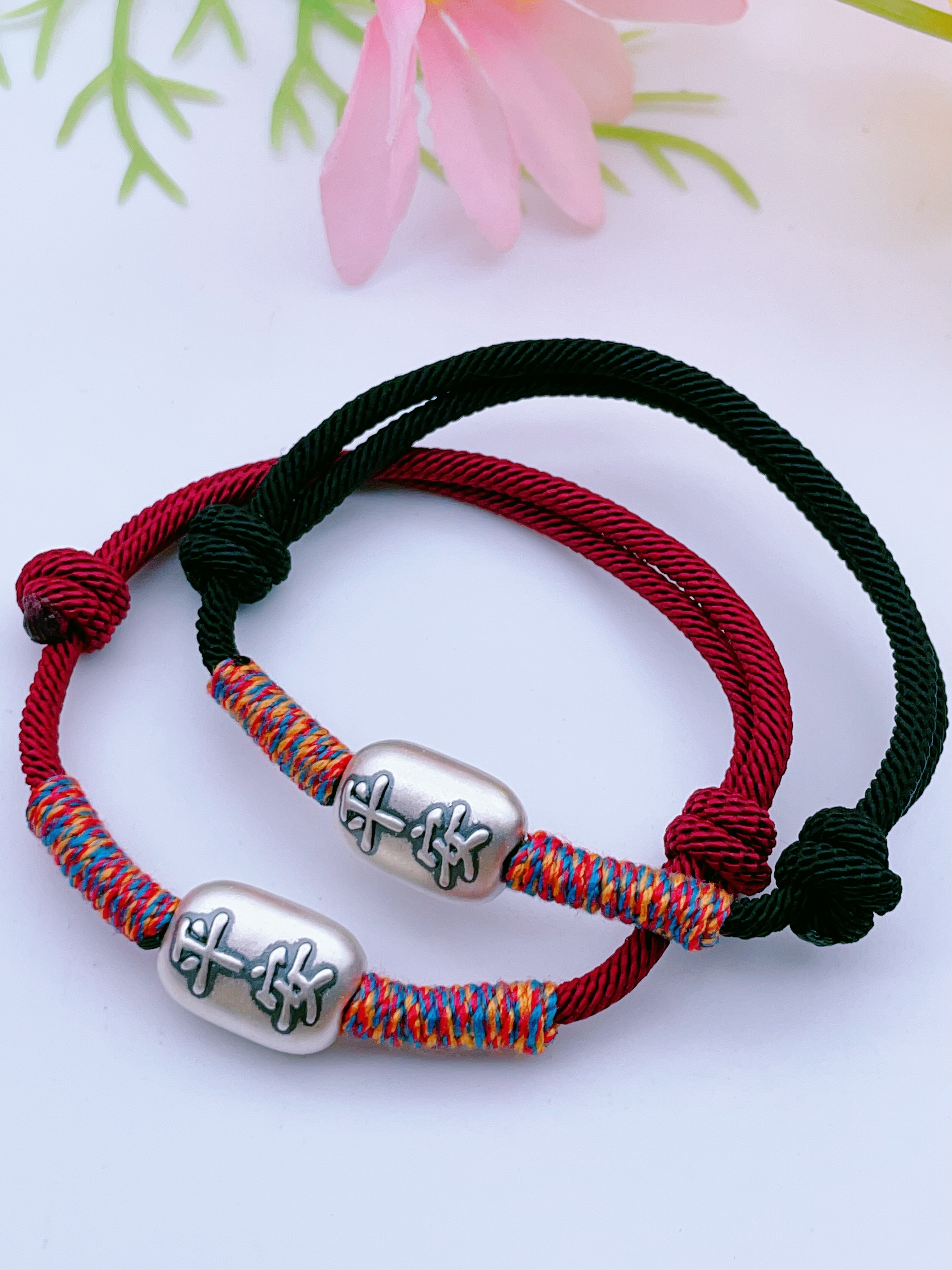 足银手链 复古足银999平安喜乐手链简约百搭纯手工编织民族风手绳