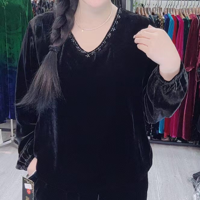 中老年桑蚕丝连衣裙s102大码女装火龙果串珠上衣新年战袍