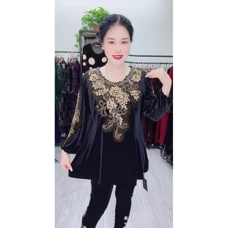 中老年植绒金色绣花上衣秋季时尚中式显瘦