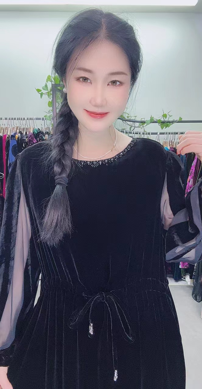 中老年桑蚕丝连衣裙渐变袖抽绳时尚高端