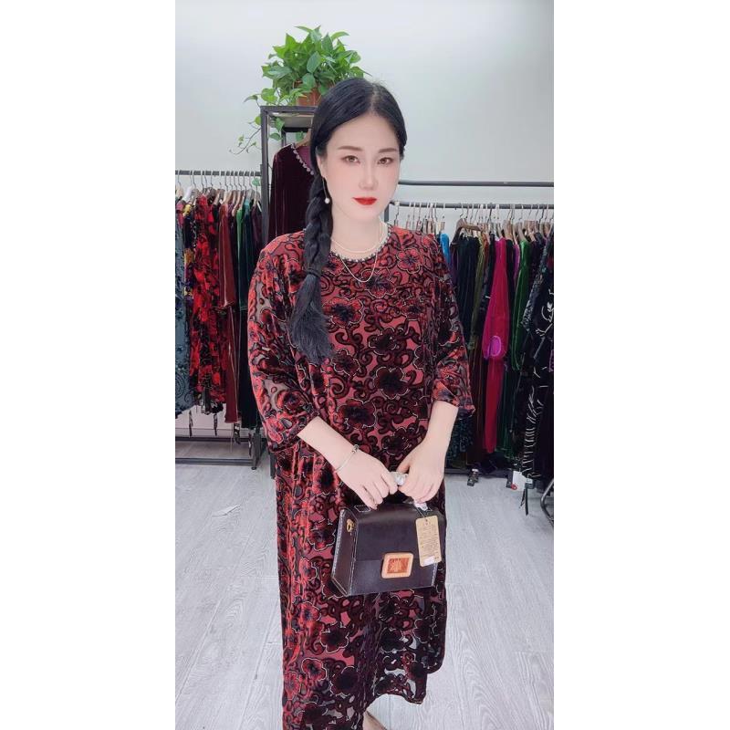 中老年桑蚕丝C1917红色云纹大码女装连衣裙