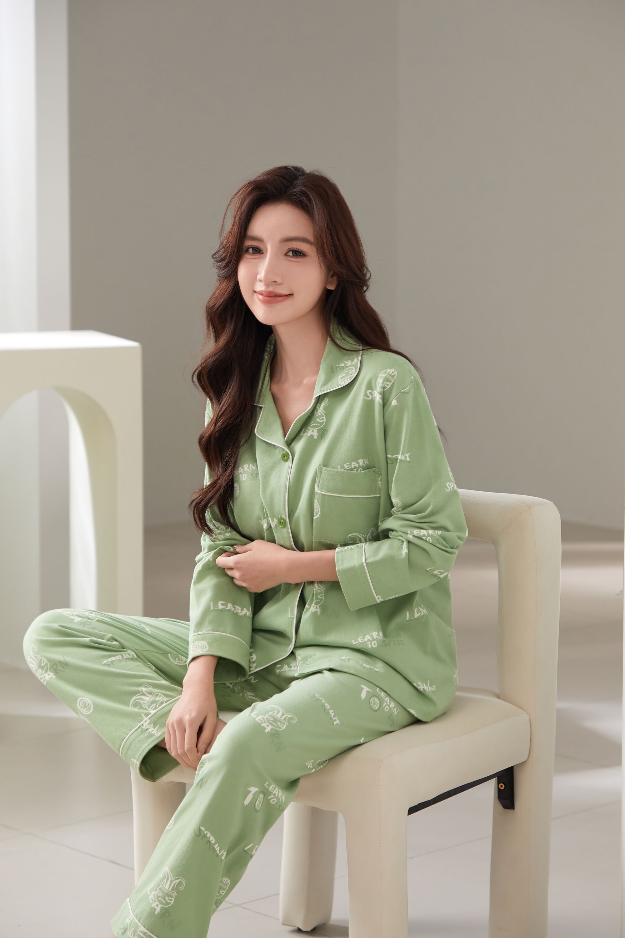 小情丝经典睡衣秋冬季100%全棉长袖女士家居服大码翻领高级感套装
