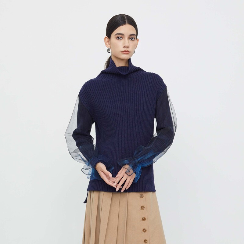 sdeer圣迪奥女装休闲高领网纱晕染宽松针织衫S233D3501