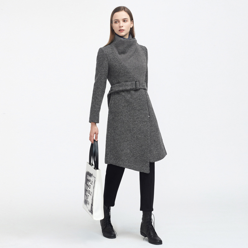 S·DEER圣迪奥休闲立领斜襟拼接收腰气质时尚毛呢大衣S20481873