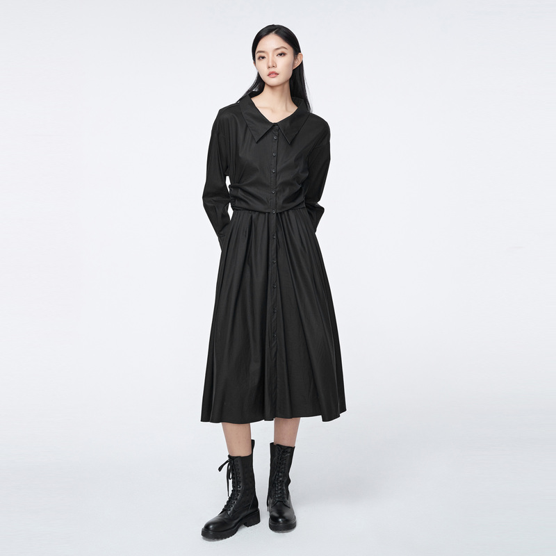 圣迪奥女装长袖休闲气质翻领抽绳立体裁剪衬衫连衣裙S22181214