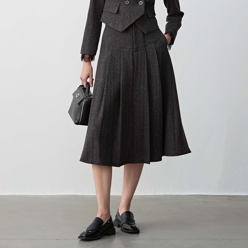 S·DEER圣迪奥高腰复古毛呢半身裙学院风秋冬女装A字裙S23481111