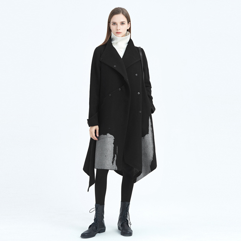 S·DEER圣迪奥女装气质典雅撞色胶印不规则拼接毛呢大衣S20481837