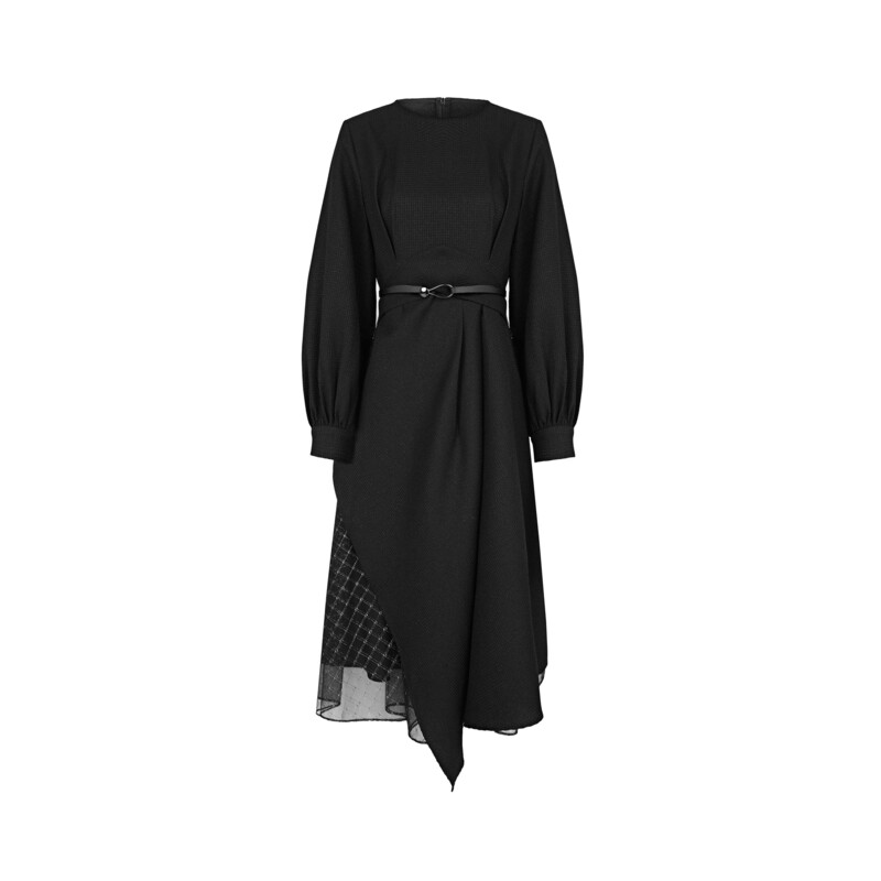 圣迪奥女装1时尚气质圆领拼接收腰格纹网纱连衣裙S234Z1206